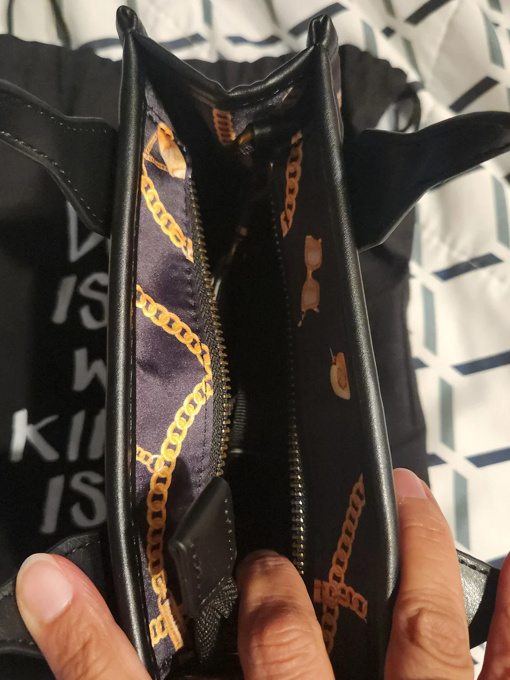 Kurt Geiger Black Satin Chain-Print Top-Handle Bag NEW No Tags